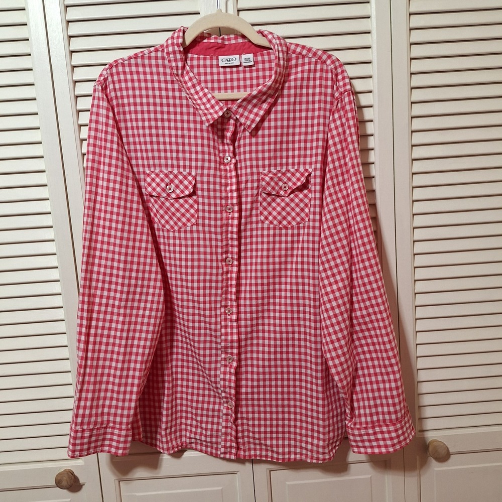 Cato Woman Pink White Gingham Button Down Shirt Plus Size 26/28W Western Yoke